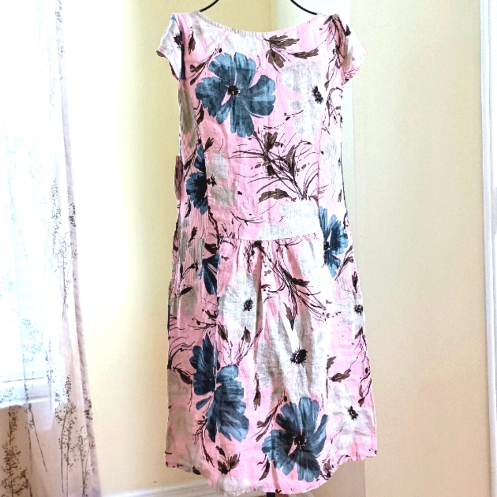 NWT PURO LINO 100% Linen Dress Made in Italy Floral Print Cap Sleeve Pockets M - Picture 4 of 17